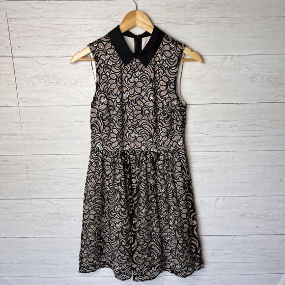 Betsey Johnson Dress Womens SZ 2 Black and Tan Lace with Peter Pan Collar Pinup - Picture 1 of 16
